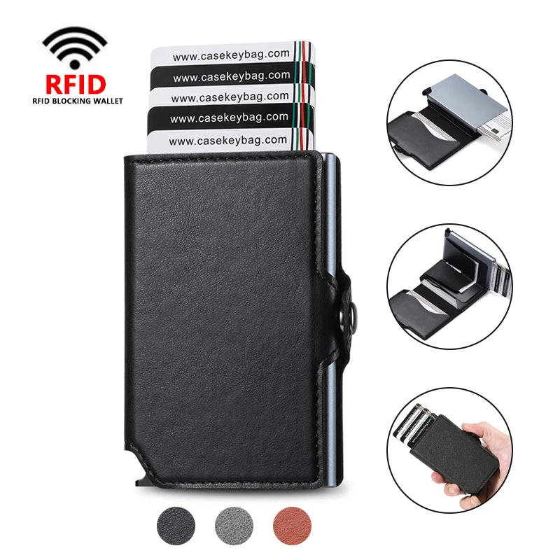 CASEKEY Mini antykradzieżowy PU Crazy Horse Slim inteligentny portfel męski z metalowym wyskakującym etui na karty kredytowe RFID Carteira Masculinos