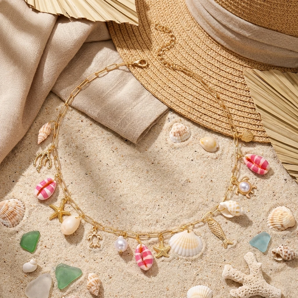 Bunte Muschel-Anhänger-Halskette für Damen, Bohemian Ocean Serie, Fisch, Seestern, Muschel, Schildkröte, Sommer-Schmuck – Detail 6