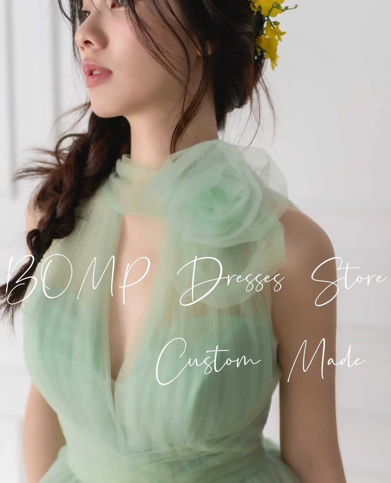 BOMP 우아한 그린 웨딩 파티 드레스 홀터 컷 아웃 드레이프 바닥 길이 Tulle Korea 사진 촬영 신부 이브닝 가운 맞춤형