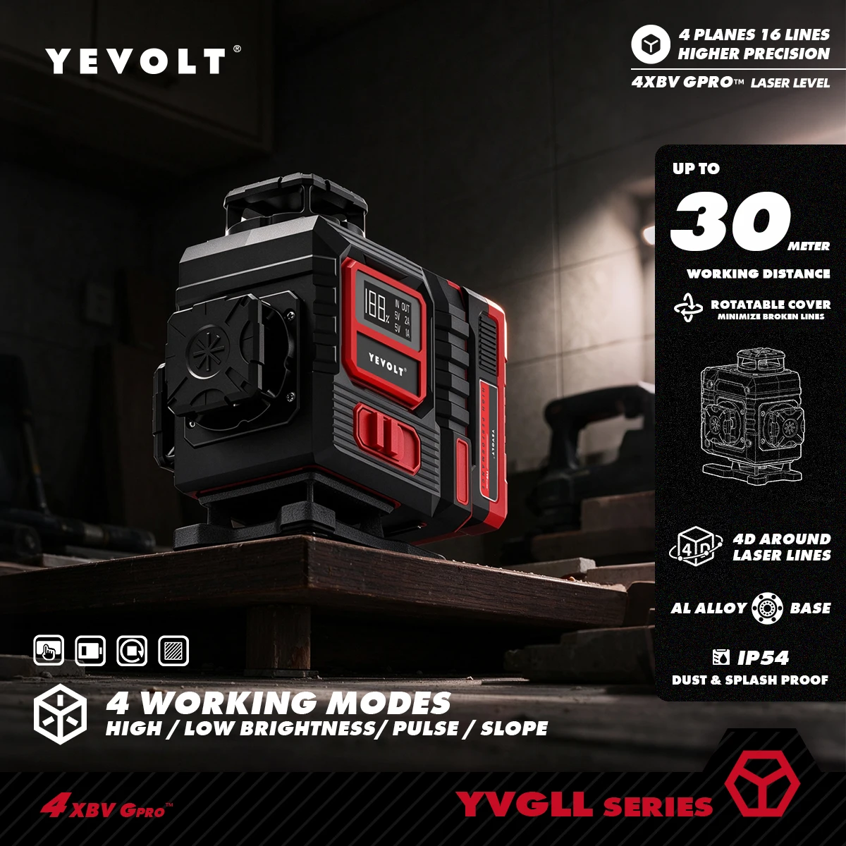 YEVOLT YVGLL4BS16 16 Line 4D Green Beam Laser Level Layout Tool Touch Control Auto Leveling Pulse Option Slope Mode IP54 Dust