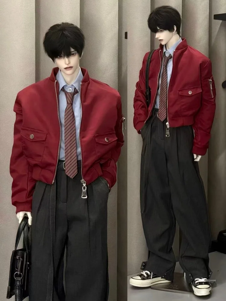 Ubranka dla lalek BJD dla lalek o wysokości 75 cm, czerwono-czarno-khaki płaszcz, kurtka, akcesoria odzieżowe dla lalek (tylko płaszcz, bez lalki)