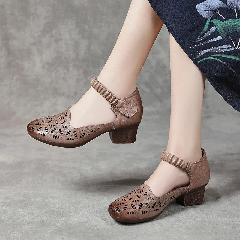 ZXRYXGS 2024 Premium Cowhide Hollow Leather Sandals Round Toe Side Air Thick Heel Summer Fashion Sandals Women Sandal Shoes