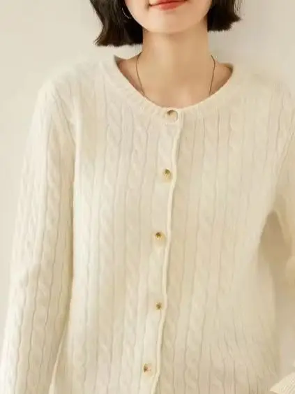 

New Chic Luxury Women's O-neck Button Cable Stitch Cardigan Autumn Winter 100% Cashmere Sweater Soft Fashion Casual Knitwear