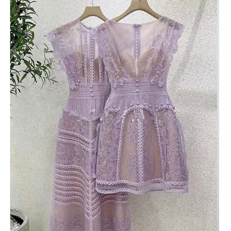 Luxury Purple Lace Dress Women Vintage Embroidery Flower O-neck Bodycon Dresses Elegant High Waisted Summer Party Vestido