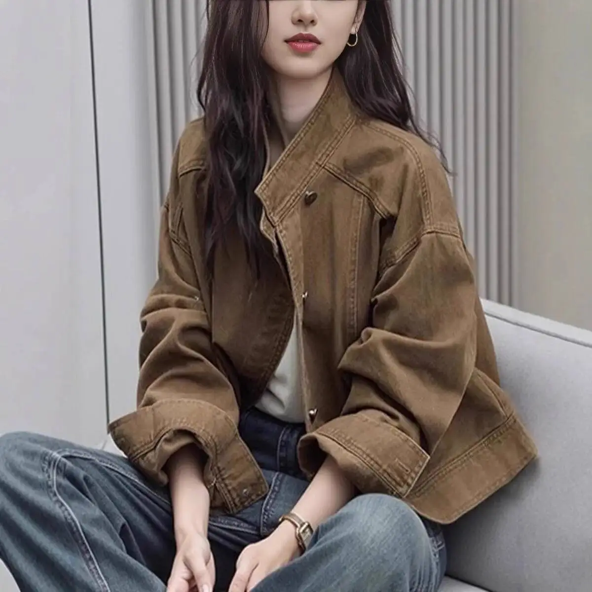 Mulheres jaqueta curta 2025 outono novo retro café denim jaqueta solta gola estilo utilitário casaco curto casual outerwear