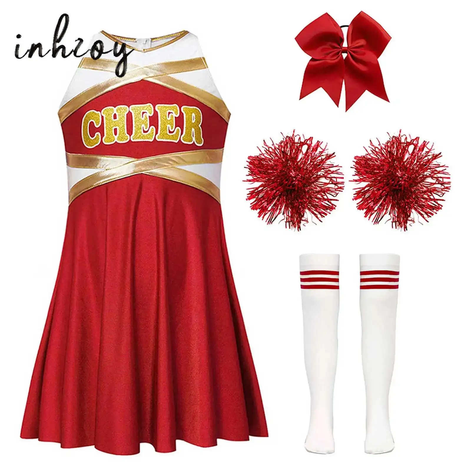 Kids Girls Cheerleading Uniforms Schoolgirl Cheer Dance Outfit Cheerleader Costume Sleeveless Dress with Pompom Socks Set