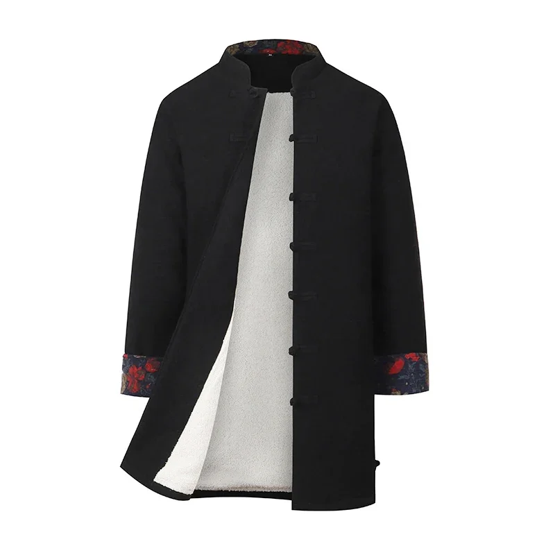 

Winter Men's Tang Suit Mid-length Linen Cotton Thick Coats Chinese Traditional Tops Men Chinese Clothes Long Jackets Chino Tops