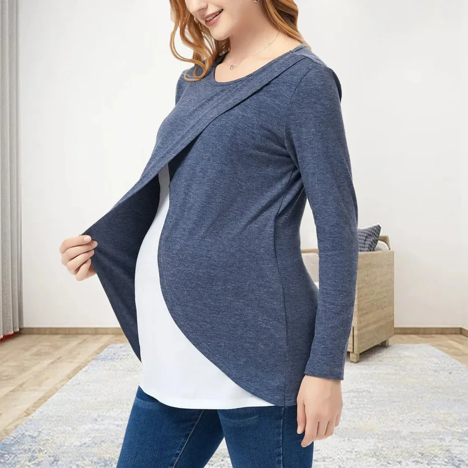 

Summe Round-neck Long-sleeved Multicolored Top Suitable for Breastfeeding Pregnant Women Ladies' T-shirt Sweatshirt Long Sleeves
