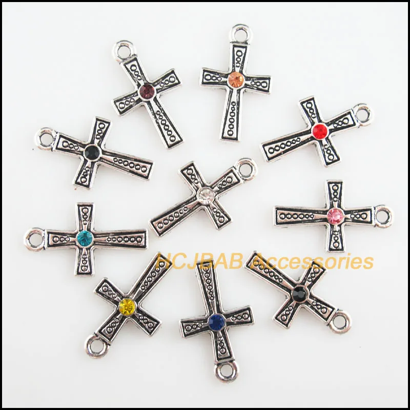 

Fashion 20Pcs Tibetan Silver Plated Retro Cross Mixed Crystal Charms Pendants 16x26.5mm