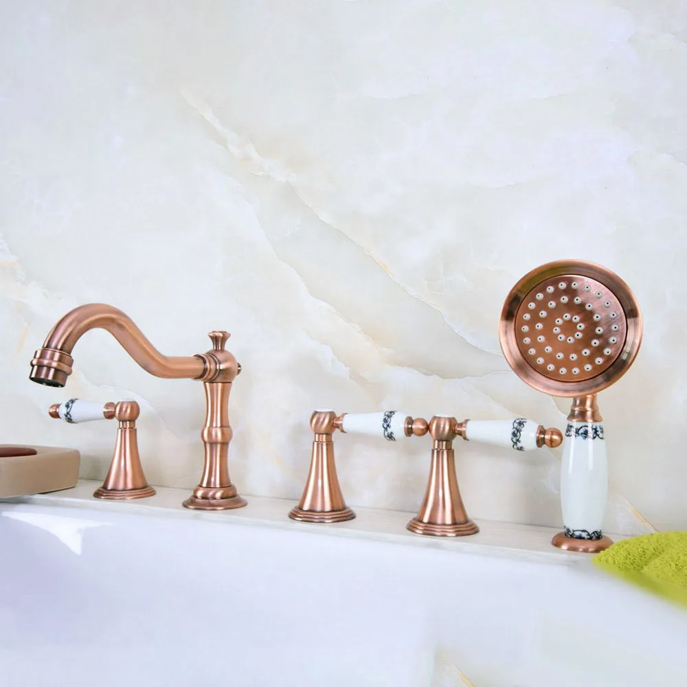 

Antique Red Copper Five Hole Deck Mounted Bathroom Tub Faucet Set with 1.5M Handheld Spray Shower Mixer Tap 2tf214