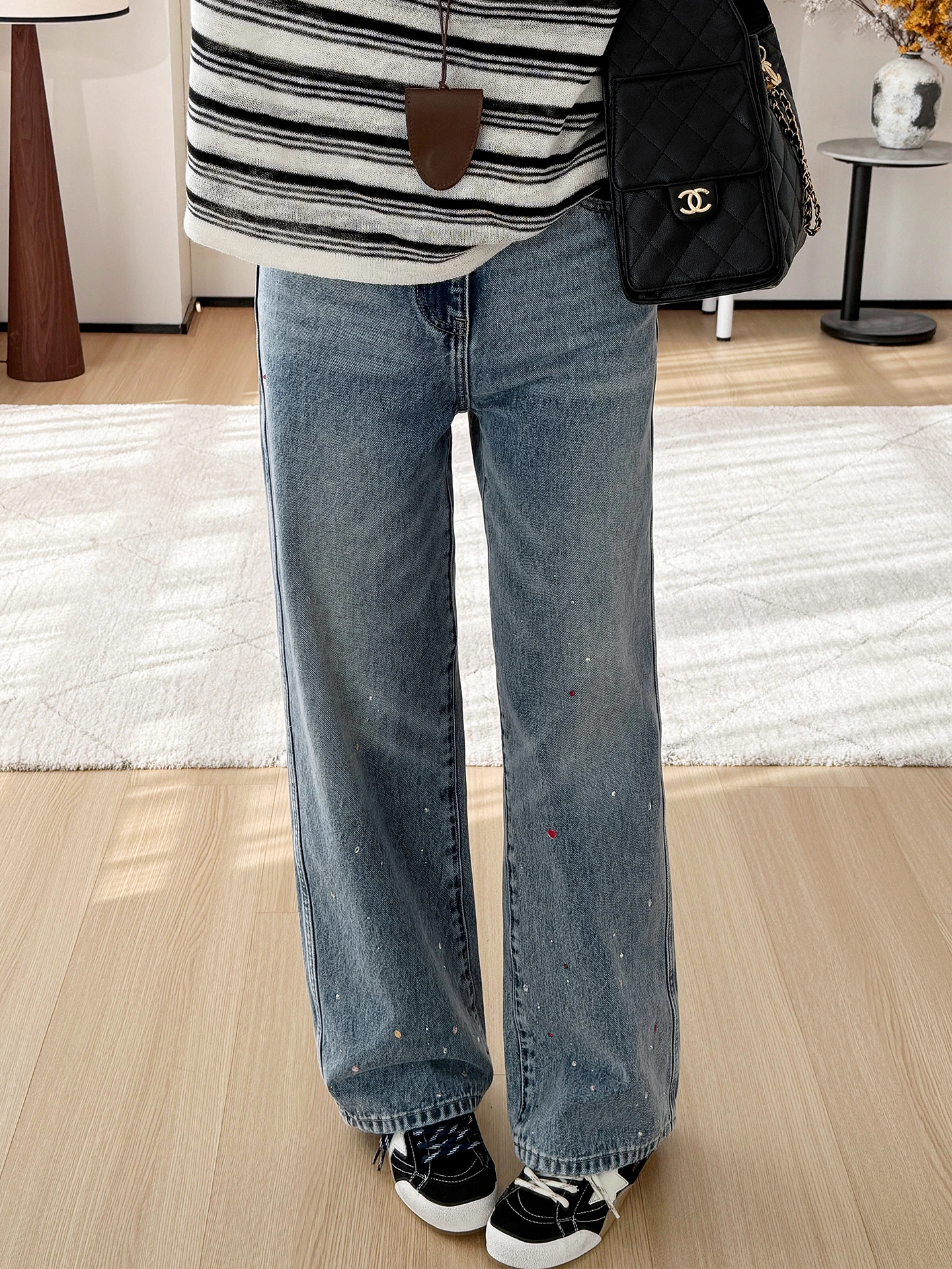 

Heavy Du Rhinestone High Waist Slimming Wide Leg Denim Jeans Women's Vintage Light Blue Distred Pure Cotton Color Straig...