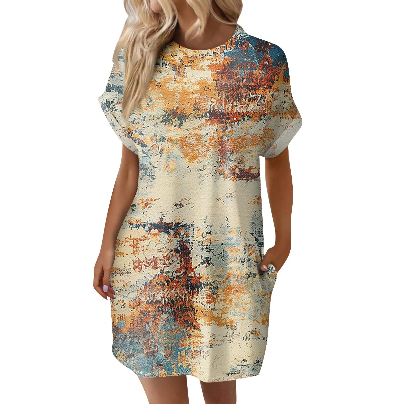 فستان قميص بأكمام قصيرة للنساء ، كنزة صوفية ضيقة ، تنورة صغيرة مطبوعة فضفاضة ، تي شيرت عصري ، الصيف #2