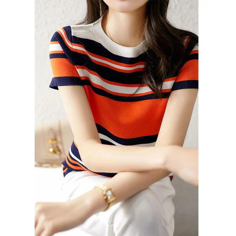 

Vintage Striped Patchwork Knitting Tee Ladies Slim All-match Short Sleeve Pullover Tops Women Casual Fashion Simple T-shirt N230