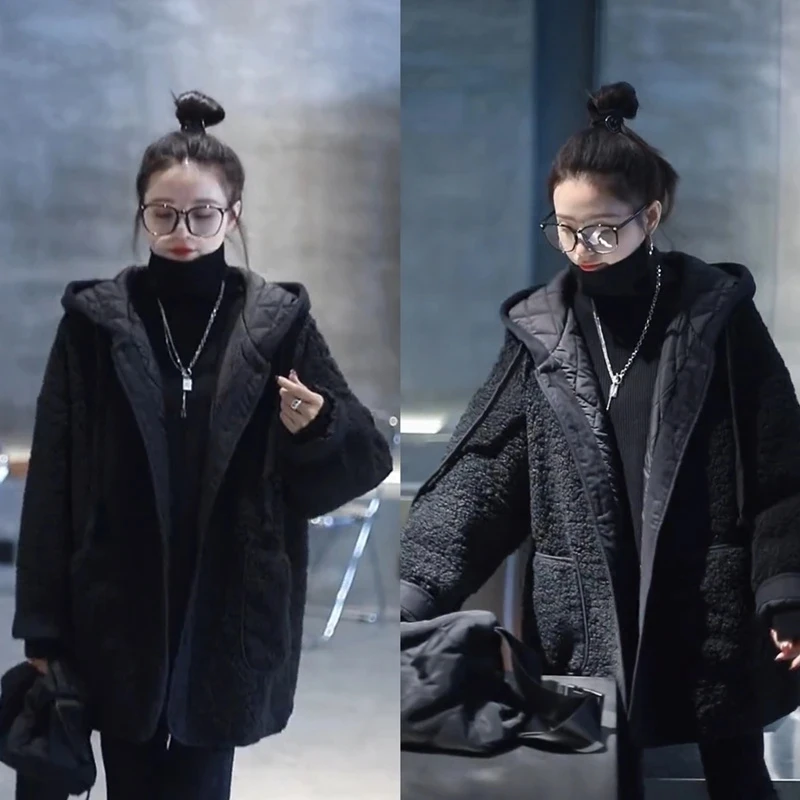 Korean Women Hooded Puffer Outwear Female Imitation Lamb Wool Jacket Winter Ladies Loose Thicken Warm Cotton Padded Parkas Coat