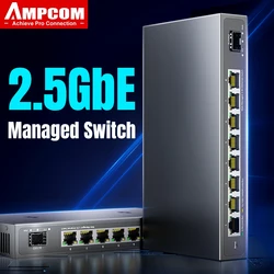 AMPCOM-conmutador gestionado 2.5GbE, conmutador de red de 8 puertos, 2,5 GBASE-T, 10G SFP + ranura, gestión Web de enlace ascendente, QOS, VLAN, LACP, sin ventilador