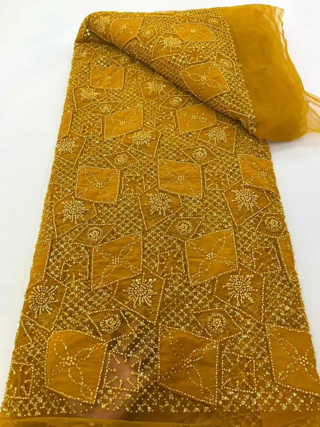 

African French Beads Lace French Mesh Net Lace Fabric with Sequins Nigerian Tulle Lace For Wedding Dress