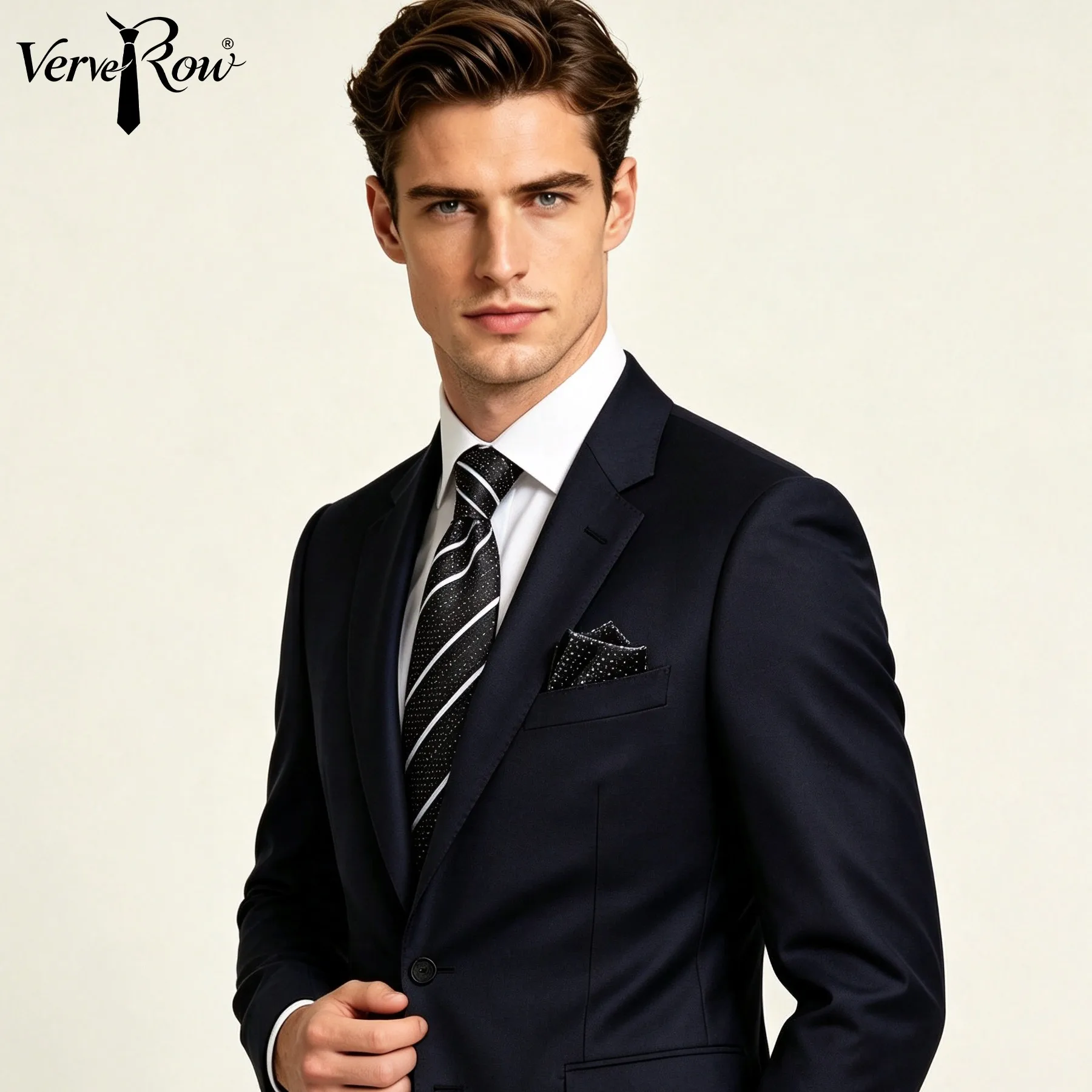 VERVEROW Black White Striped Dots Necktie Pocket Square Set Mens Formal Neckwear for Wedding Business Office Suit
