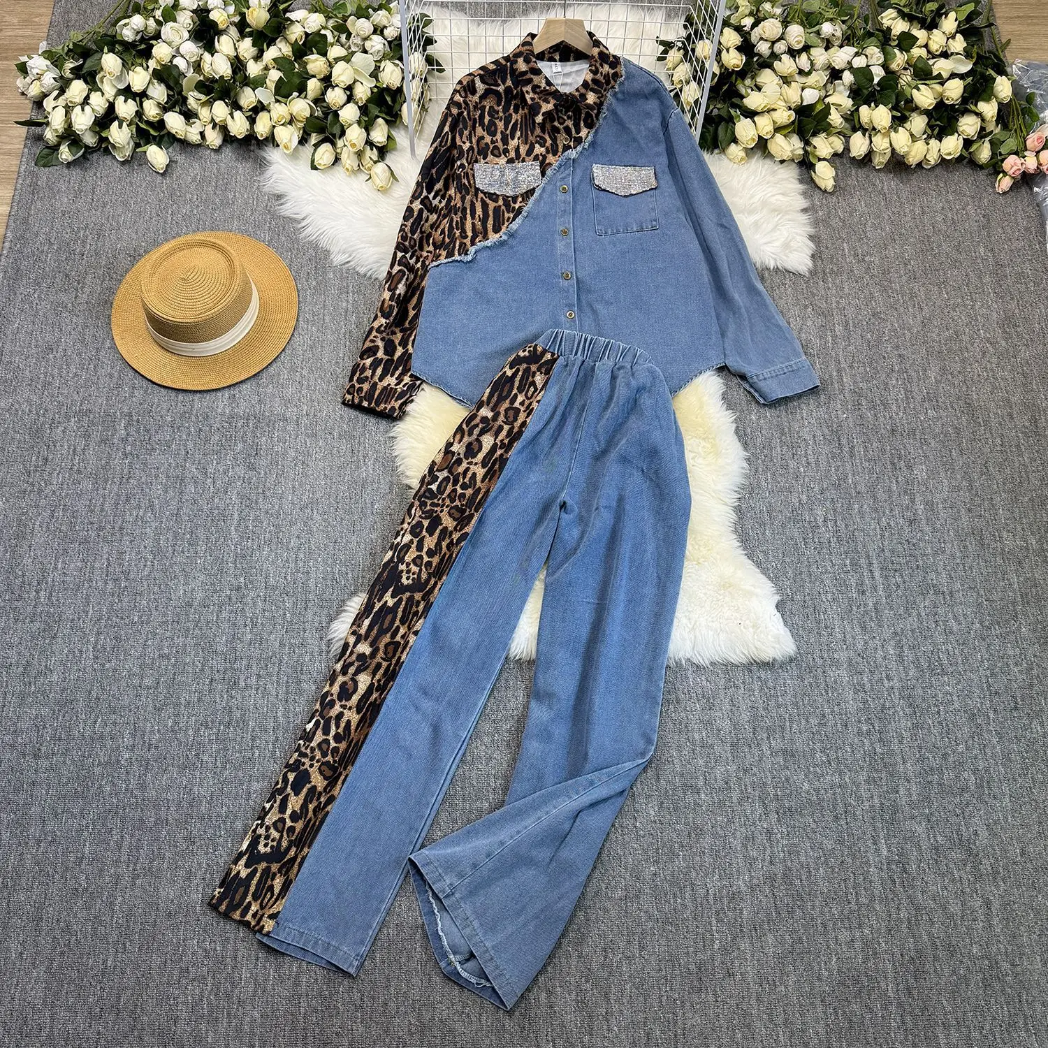 

Pant Set Women Two Piece Sets Denim Matching Sets Mom Jeans Work Elegant Leopard Print Shirt Tops Wide Leg Long Pants High Waist