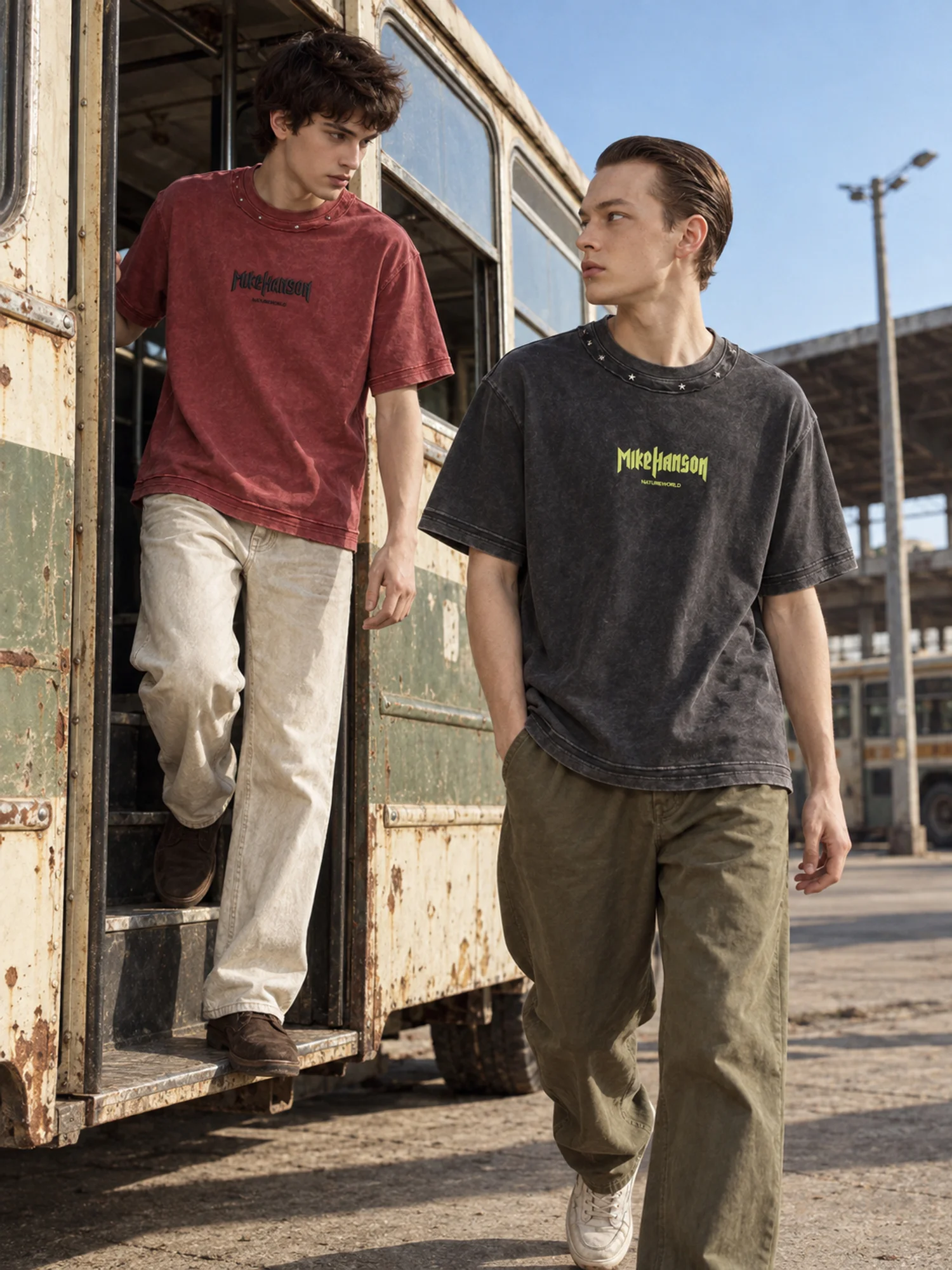 MAZZONNE Washed Letter Graphic T-Shirt, Studded Layered Crew Neck, Front and Back Design, Short Sleeve Streetwear Tee H