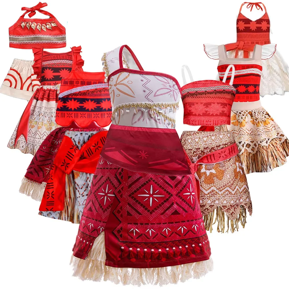 Moana Party Mädchen Prinzessinnenkleider Karneval Los Reyes Magos Outfit Vaiana Kleidung Kinder One-Shoulder Voyager Strandkleider 2-8 Jahre