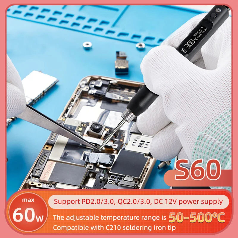 Nano soldador S60 Compatible con puntas de soldadura C210, uso para equipos electrónicos de precisión, reparación móvil, antiestático