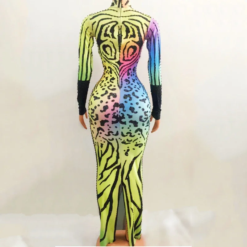 Strass coloridos vestido feminino festa de aniversário celebrar roupa noite vestidos de baile drag queen trajes palco wear xs5978