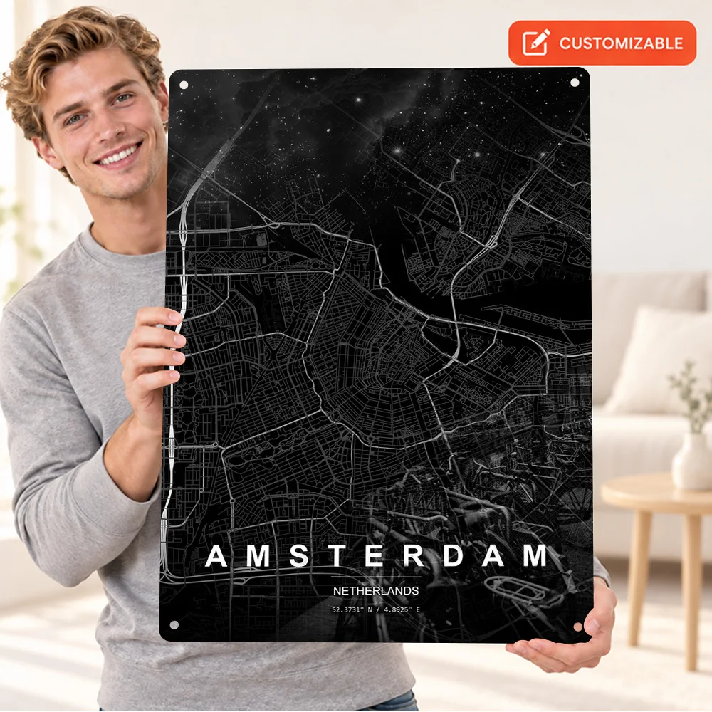 Amsterdam City Map Aluminum Poster Customized Metal Sign Minimalist Cartography Wall Art For Living Room Geography Lover Gift