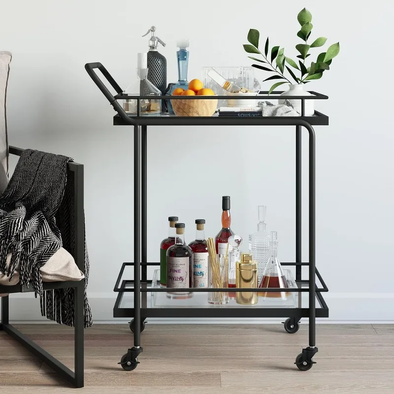 

Sally Rolling Bar or Cart for Tea or Cocktail, 2-Tiered Glass and Metal, Black