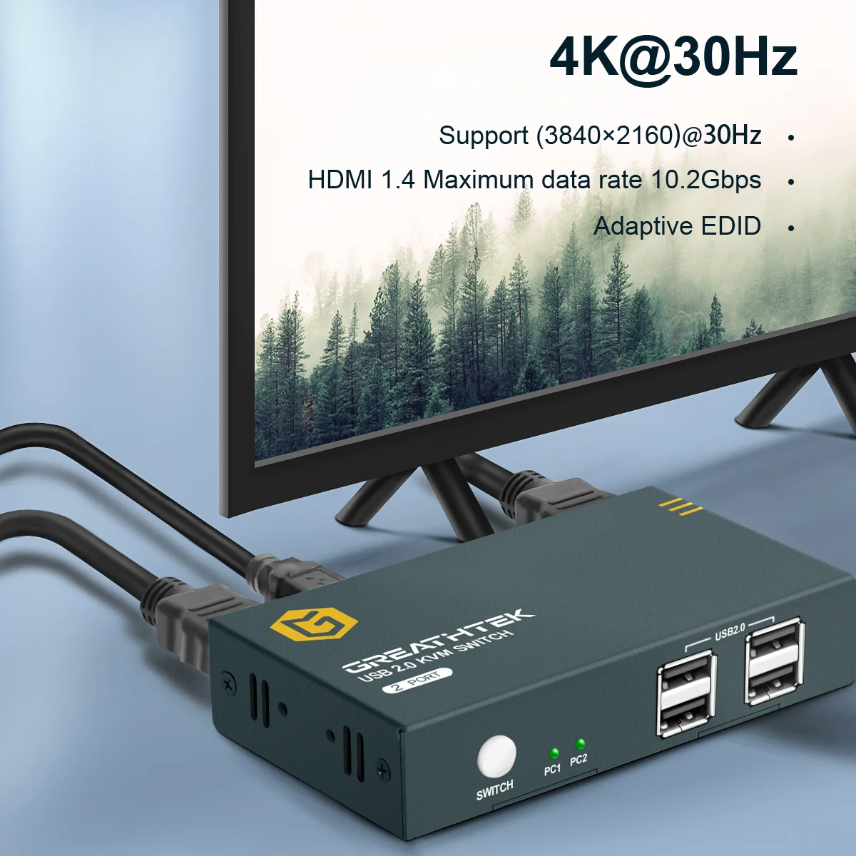 4K@30Hz  2 Port HDMI KVM Switch 2 Port with Cables Rack Mount  Support  EDID for Windows Linux Mac Debian Ubuntu USB2.0