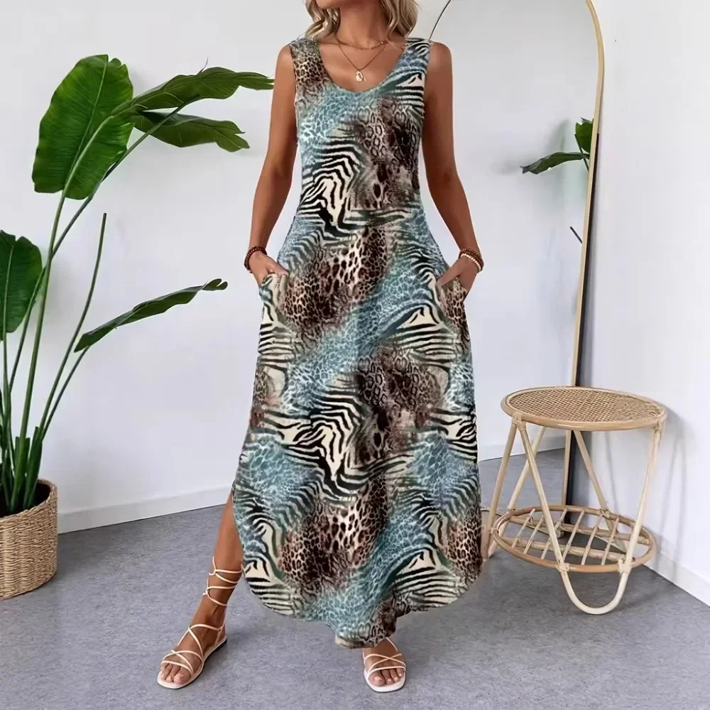 Women Summer Elegant Printed Sleeveless Tank Dress Side Slit Slim Fit Midi Soft Breathable Flattering Comfy Versatile New