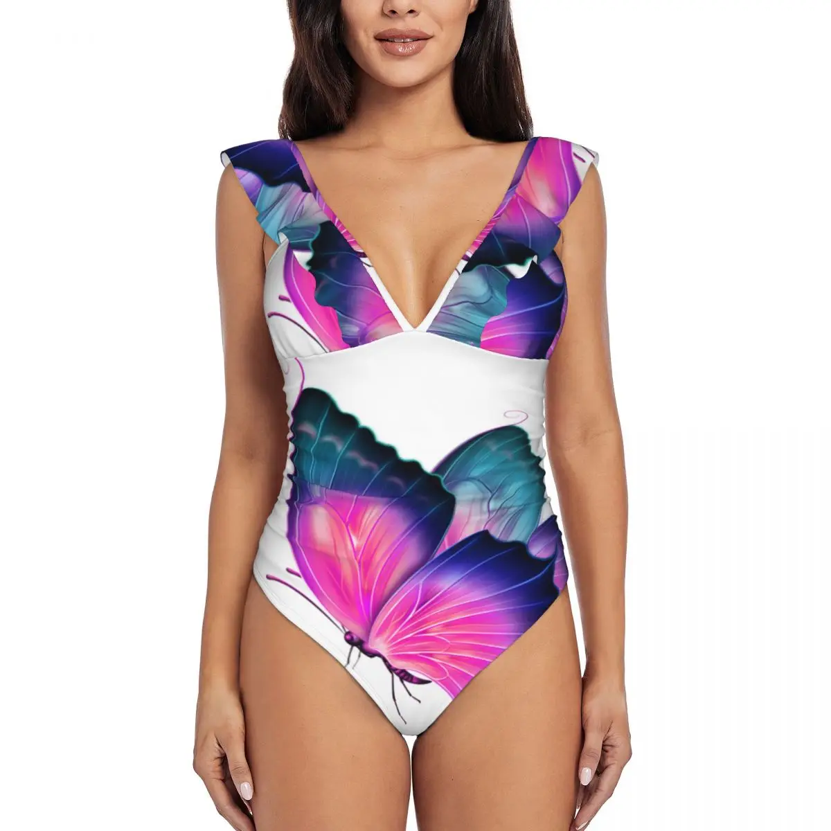 Maillot de bain une pièce à volants pour femmes, bohème, papillons roses 3D, à la mode, sexy, bikini