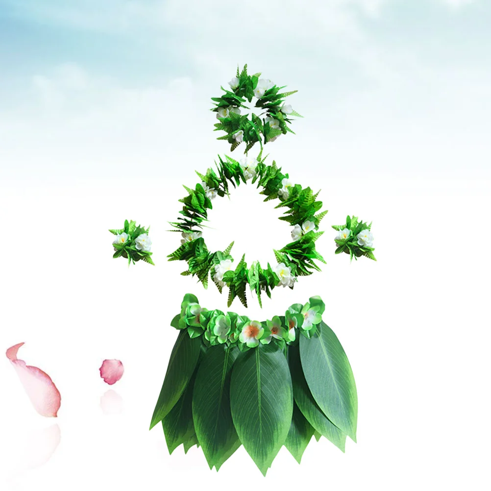 

5pcs Hawaiian Party Supplies Set 23.6" Hula Skirt Green Grass Necklace Bracelets Headband Luau Costume For Beach