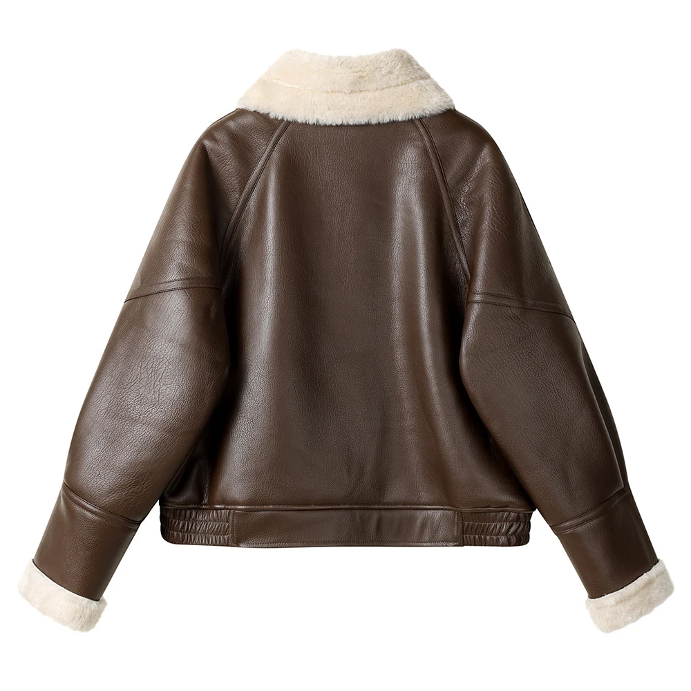 Women Vintage Faux Leather Shearling Jacket Cropped Sherpa Lined Biker Coat Warm Loose Fit Outerwear