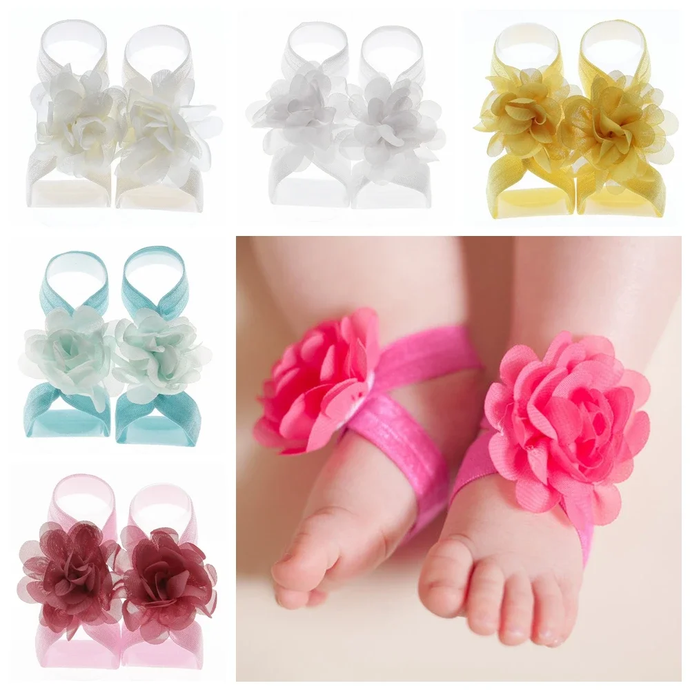 2pcs/pair Boutique Chiffon Flower Barefoot Sandals for Baby Girls Newborn Photo Props Kids Fashion Accessories