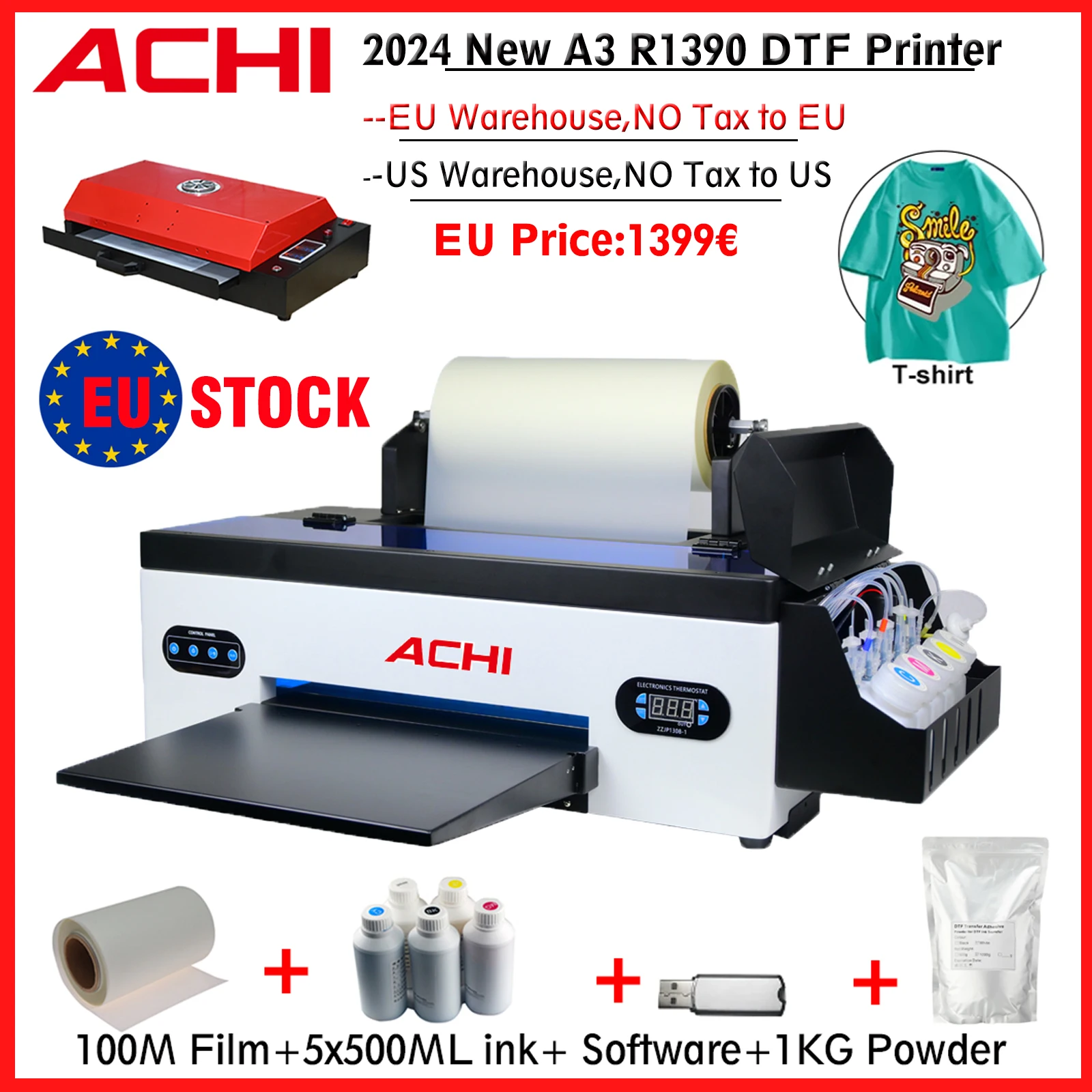 

A3 T-shirt Printer A3 DTF Printer DTF 1390 Printer Heat Transfer Printer For T-Shirt Fabric Printing US STOCK Printer EU STOCK