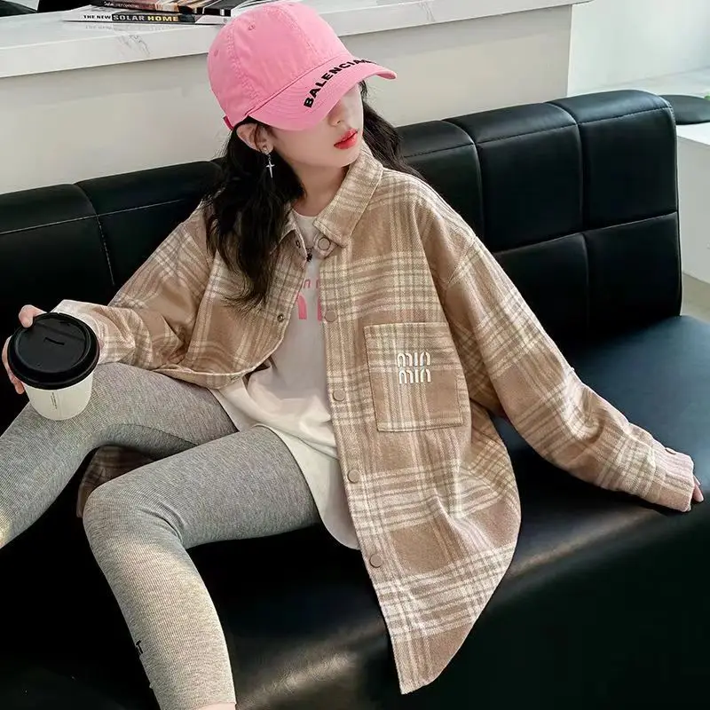 Girls Shirt Network Red Korean Version 2025 New Girls Casual Plaid Shirt Loose Top Big Child Spring Coat For 4-14 Years Old