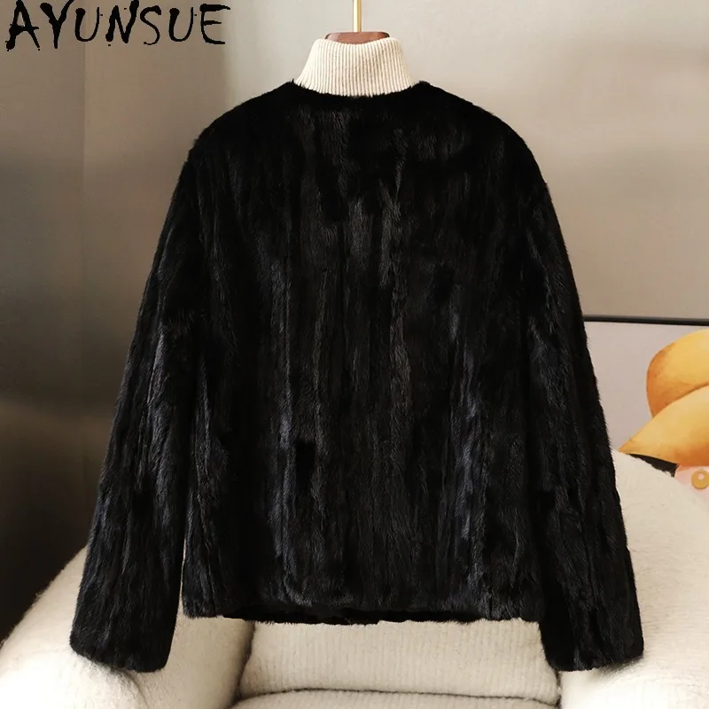 AYUNSUE Cappotto di Pelliccia di Visone Naturale per la Donna 2025 Nuovo Elegante Autunno Inverno Vestiti Pezzi Cappotto di Pelliccia di Visone Donna Fourrures Femmes