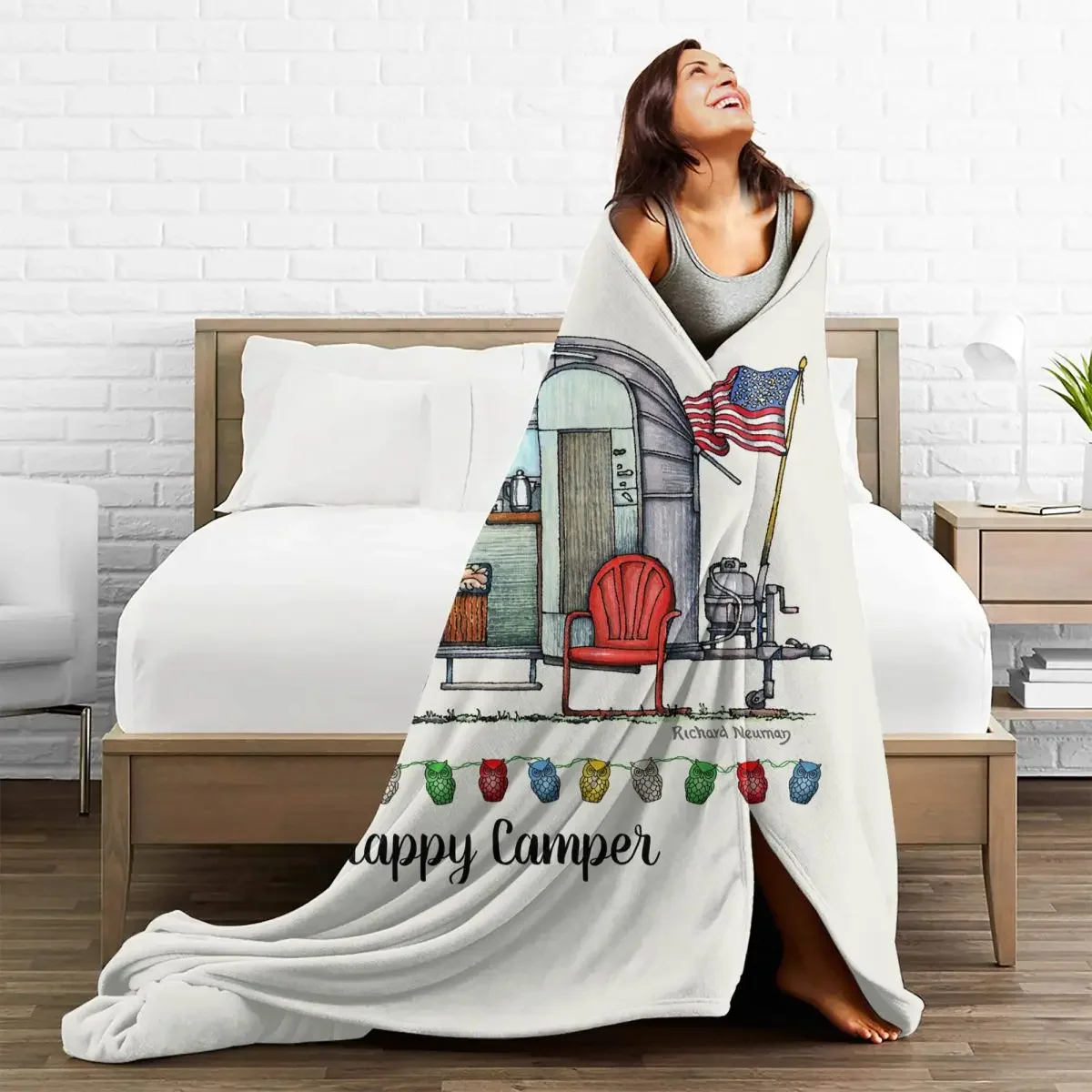 

Happy Camper Cartoon Baby Blankets Flannel Decoration Car Lightweight Portable Throw Blanket for Sofa Travel Bedding Throws