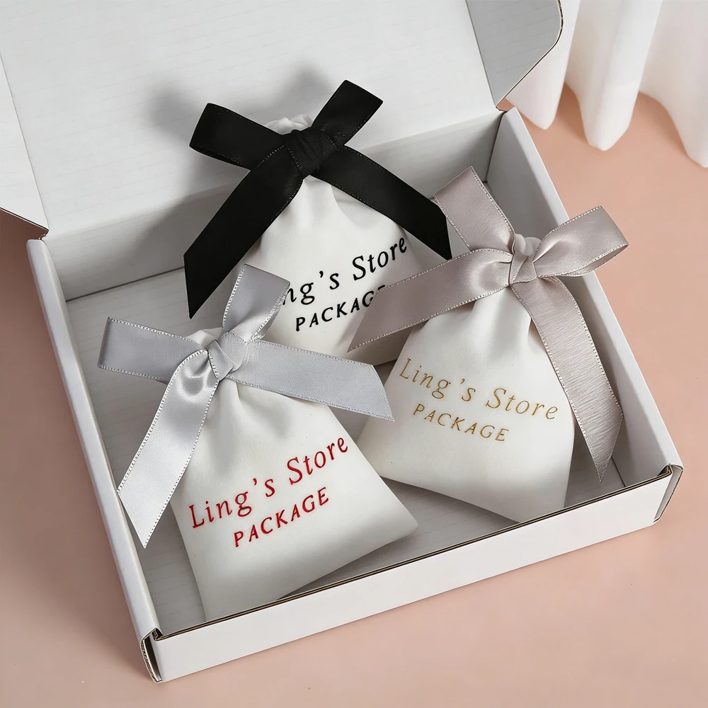 

100Pcs Bulk Custom Logo Jewelry Drawstring Velvet Bag Personalized Gift Pouch Wedding Candy Cosmetic Ring Earring Stud Organizer