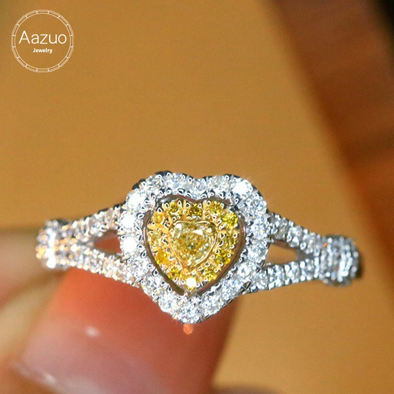 Aazuo Highquality Real Yellow Diamonds 0.47ct 18K White Gold Heart shape Ring Upscale Trendy Senior Party Fine Jewelry Hot Sell