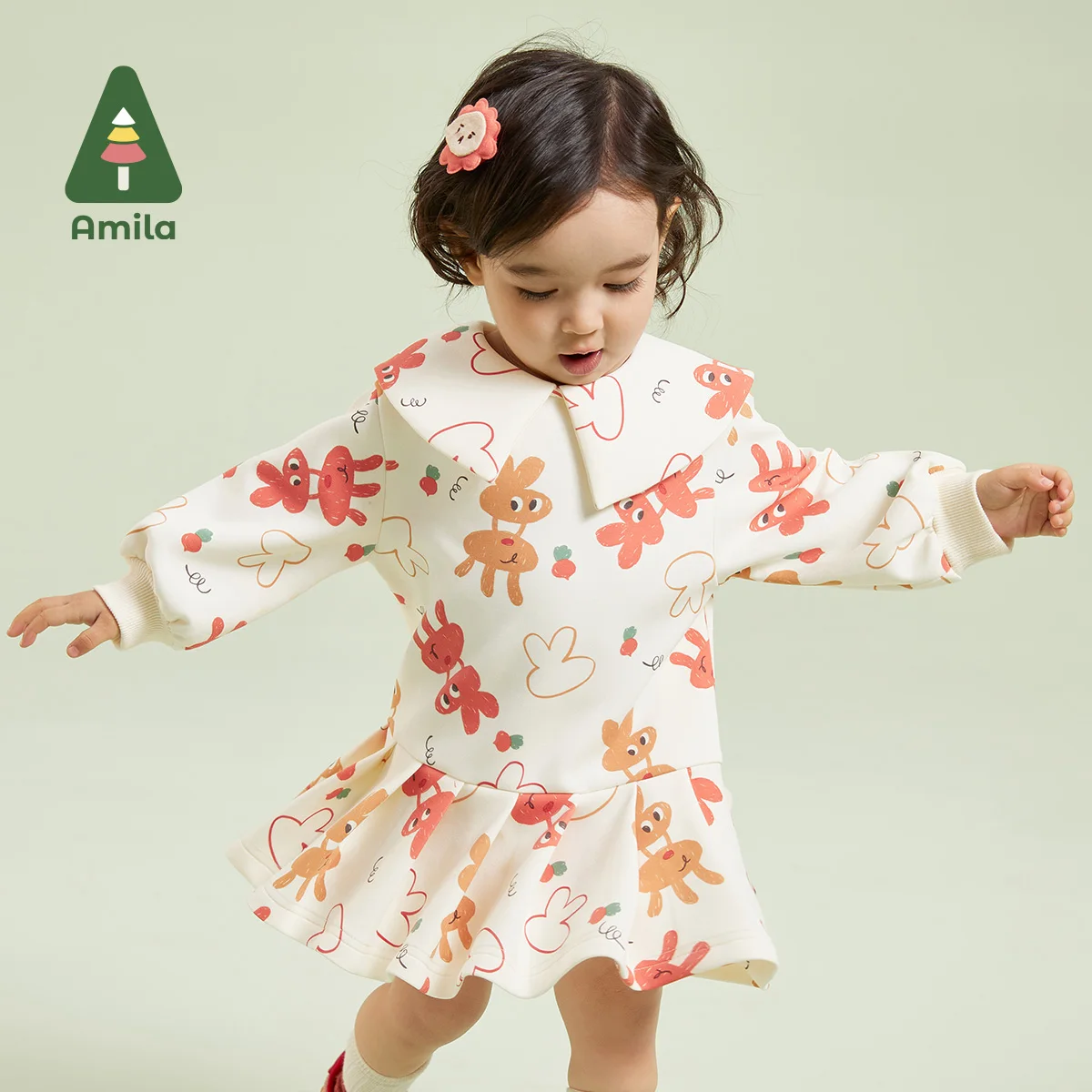 Amila Children\'s Clothing 2023 New Autumn  Cute Cotton Fun Printing Soft  Loose Fit Fashion Warm Insulation Dress Girls Baby