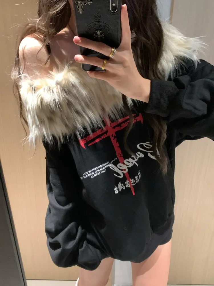Vintage Y2k Fur Collar T Shirt Women 2000s Aesthetics Off Shoulder Tops Japanese Harajuku Letter Print Long Sleeve T-shirt New