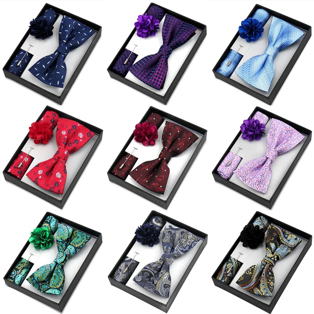 Ensemble Nœud Papillon Homme Tendance avec Fleur, Pince à Cravate, Pochette de Costume et Boîte Cadeau – Idéal pour Mariage, Affaires et Accessoire de Cravate