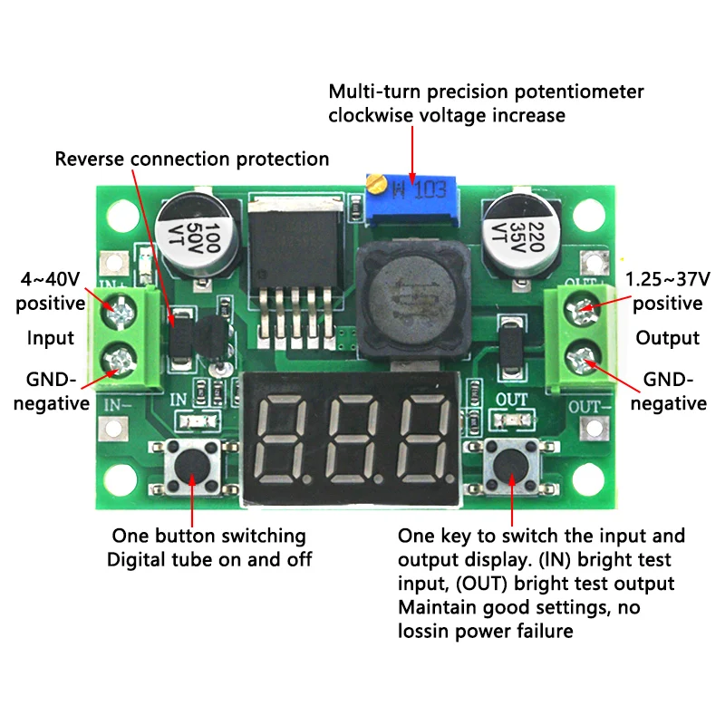 DC-DC Buck Step Down Module LM2596 DC/DC 4.0~40V to 1.25-37V Adjustable Voltage Regulator With LED Voltmeter