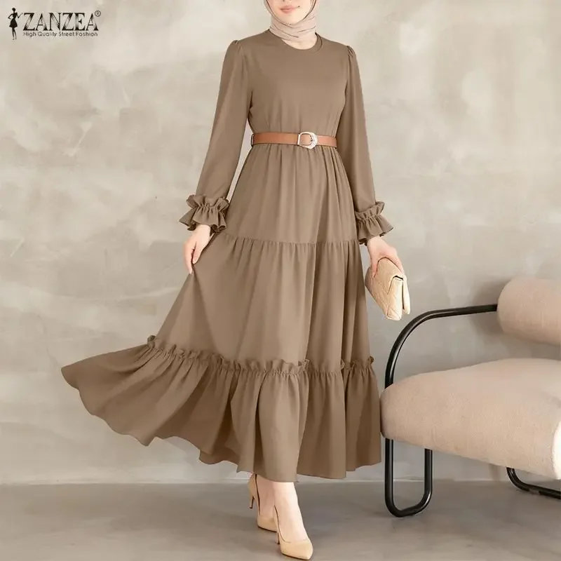 ZANZEA Damskie Sukienki Wiosna 2026 z Dekoltem O i Długim Rękawem Elegancka Muzułmańska Abaja Sukienka Ramadanowa Stylowa Sukienka Maxi z Falbanami Kaftan