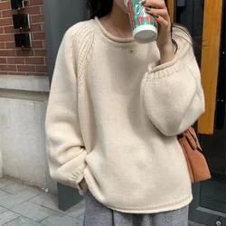 rolled edge solid color pullover sweater for women gentle and loose knit top versatile and lazy soft and sticky sweater