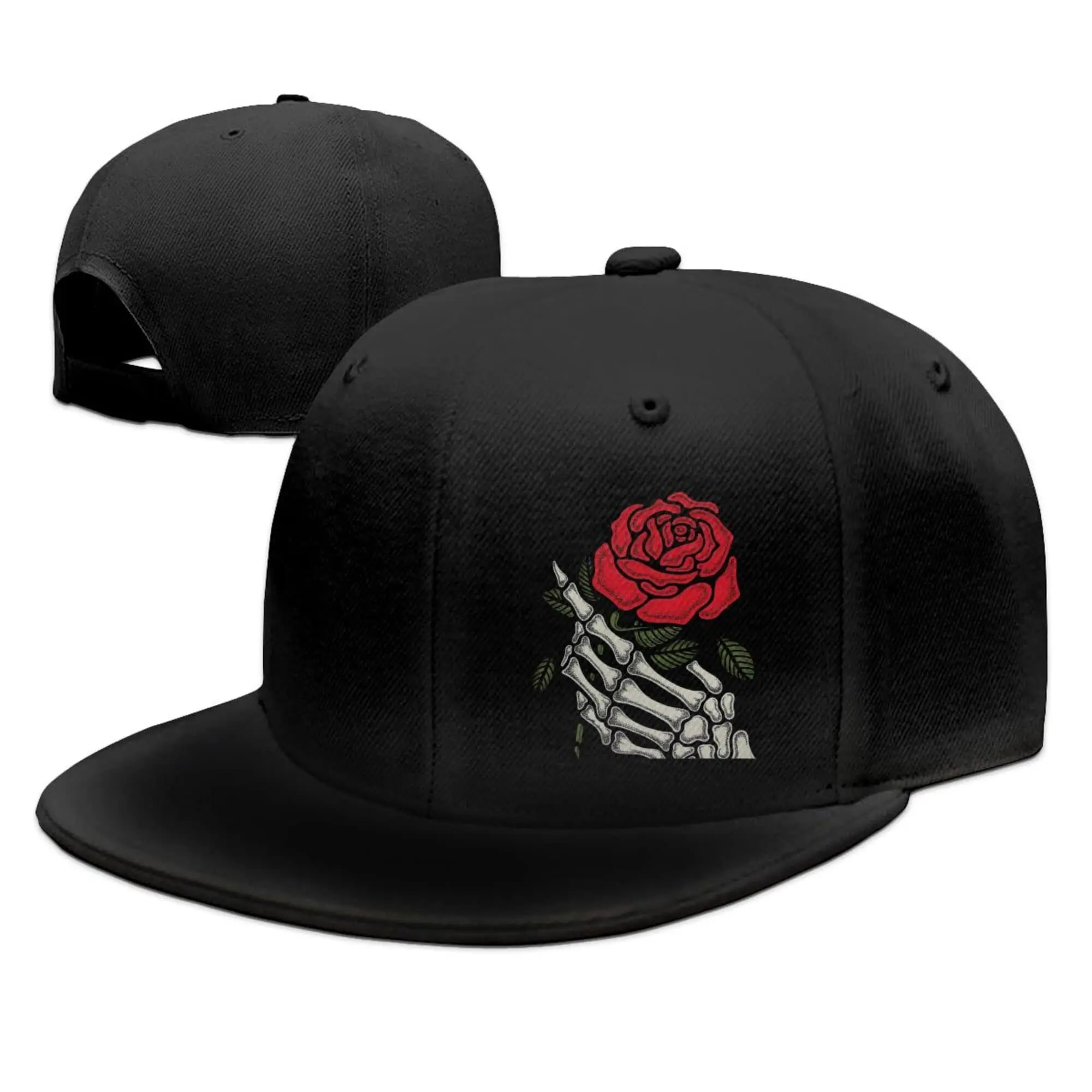 Skull Finger Rose Flower Snapback Hat for Men Black Baseball Cap Adjustable Funny Flat Bill Hats Trucker Dad Gift