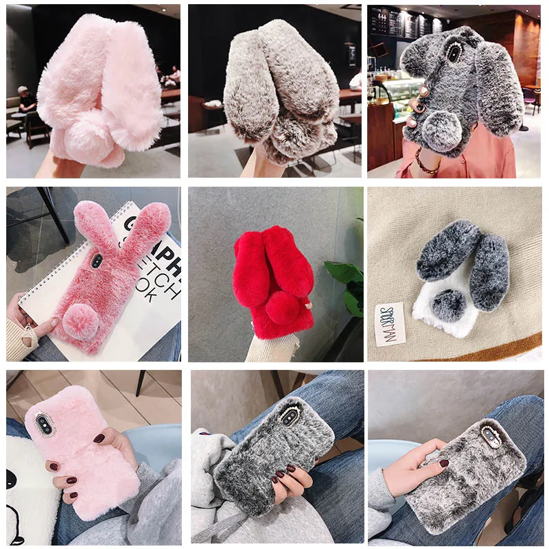 Cute Rabbit Ears Fur Plush Case For A Sasmung Galaxy S23 FE A25 A12 Case A13 A02 A02S A32 A42 A52 A72 A51 A71 A50 A70 A21S Cover