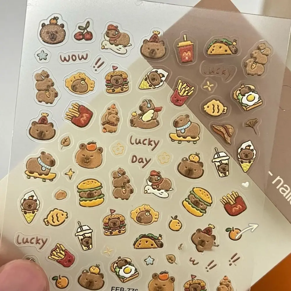 1/10pcs Cute Cartoon Capybara Nail Sticker Soft Embossed Brown Capibala Capybara Stickers Multifunction Self Adhesive