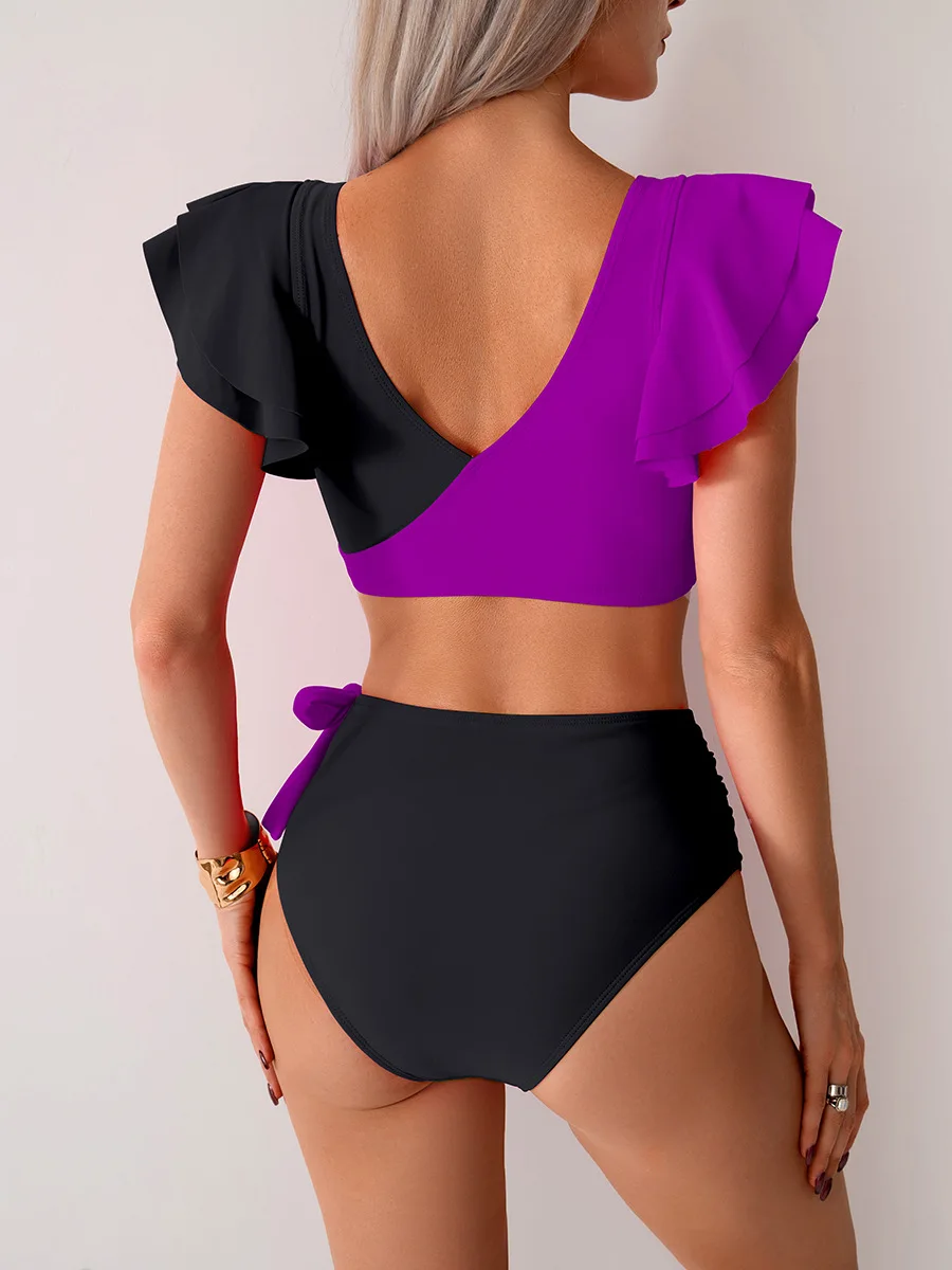 Women's Swimsuit 2025 Ruffled Contrasting Color Stitching Split Two-piece Swimsuit Fashion High-waist Slim Triangle Bikini Sets